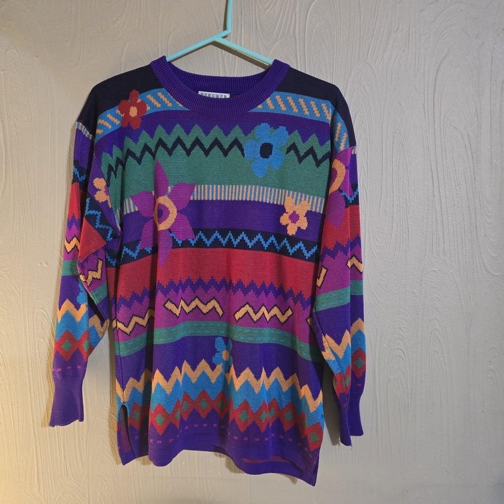 Vintage 80s DonWong Sweater Multicolor Flower Power Pattern No Size Tag